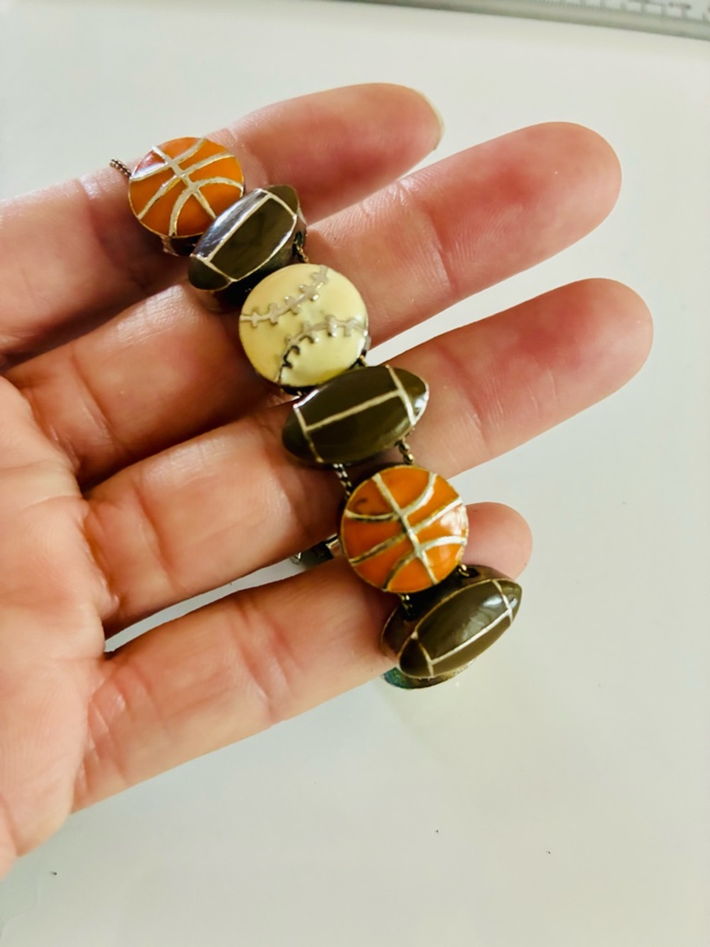 Sports Lover VTG Baseball Football & Basketball Slide Charm Bracelet Cream BR OR
